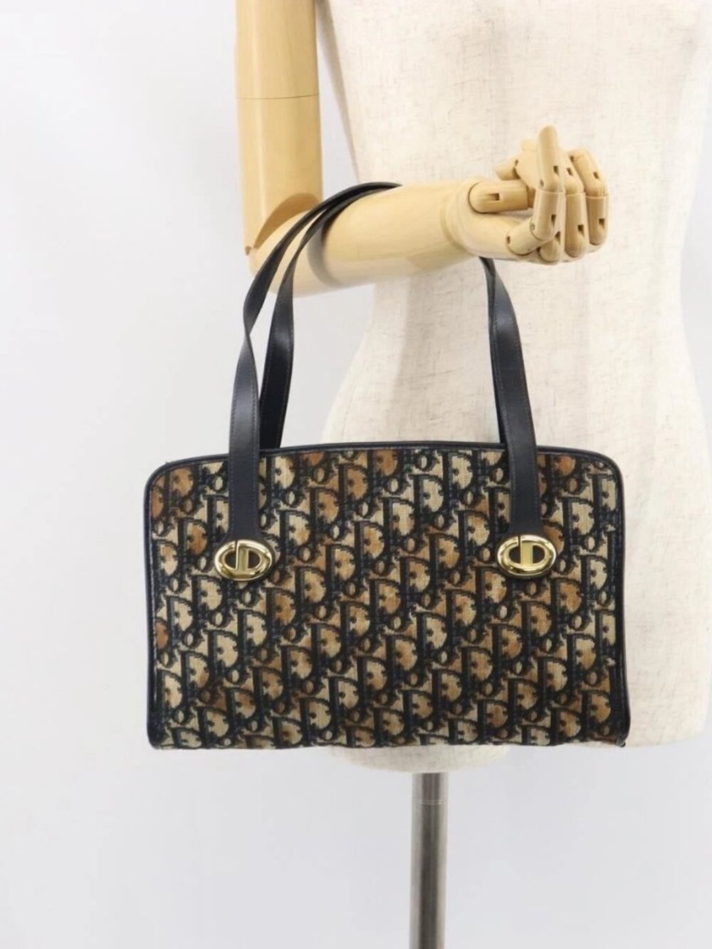 Christian Dior Trotter Canvas Hand Bag Navy Gold Auth 162766